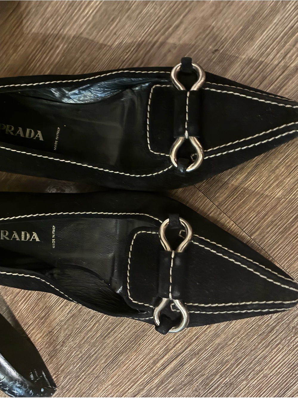 Prada Black Leather Pointed Loafers with Silver Hardware